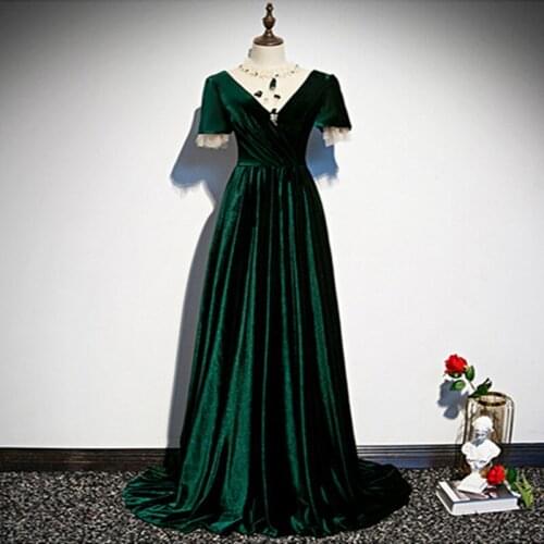 Robe De Soiree A-line Dark Green Evening Dresses Long Dress Party Dress Vestido De Festa Short Sleeve Velvet Evening Dress 2020