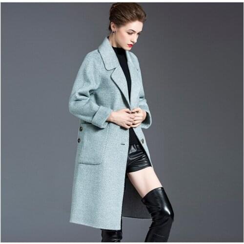 2020 Womens double-sided cashmere woolen coat blue Mid-length jacket new Korean high-end coats Over the knee jackets overcoats