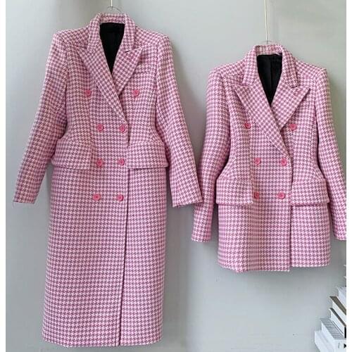2021 Fall / Winter Suit Color Slim Long / Short Pink Houndstooth Wool Coat Overcoat O20