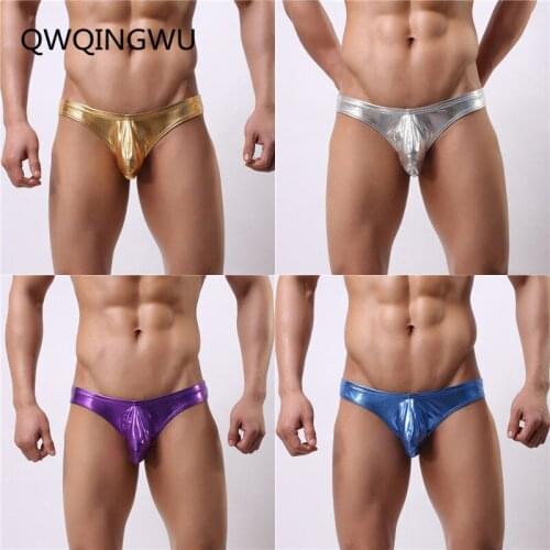 4PCS Briefs Sexy Men Underwear Stretch Slim Imitation Leather Pants Gold Silver Pouch Briefs Underwear Shorts Men Gay Underwear