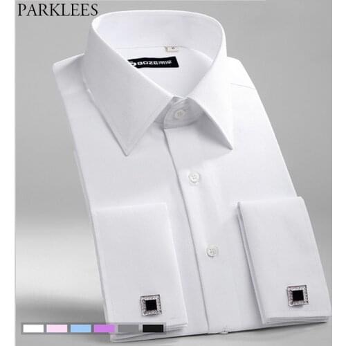 White Wedding Dress Shirt Men French Cufflink Twill Stripe Long Sleeve Tuxedo Shirts Business Casual Slim Fit Pure Camisa Top 8X