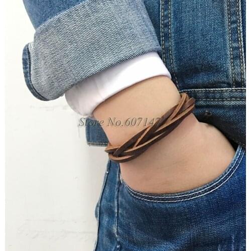 ZotatBele Twist Handmade 6pcs/lot Bangle pulseira masculina Wrap Brown Retro Genuine Leather Bracelet Men with Braided Rope PT8