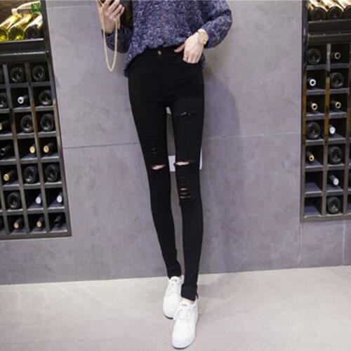 New Pants Women Fashion Slim High Waisted Stretchy Skinny Broken Hole Pencil Pants Streetwear Slim Jeg Trousers