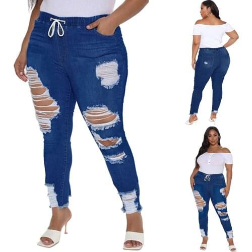 Big jeans, broken holes, elastic water wash tie up womens jeans womens wear pants, Europe and America SAGACE spodnium 2021