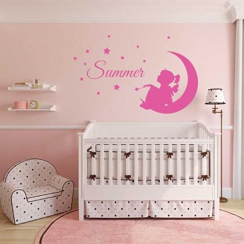 Custom Girl Name Wall Decal Fairy On Moon Mural Removable Vinyl Stars and Bird Stickers Kids Nursery Bedroom Wall Decor AY080