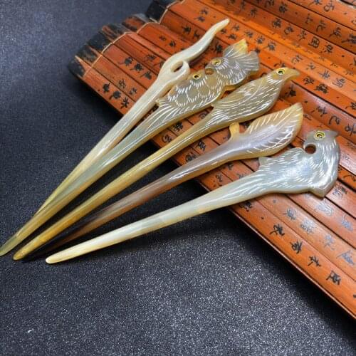 Chinese Vintage Natural Horns Hair Sticks Women Cute Handmade Birds Plants Carved Hairpins Creative Hair Fork Clips Jewelry Gift