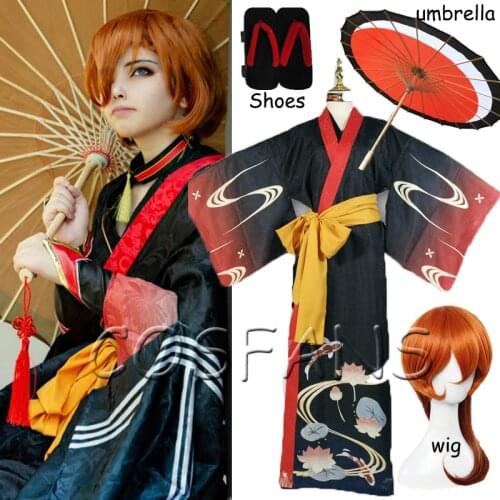 Anime Bungou Stray Dogs Cosplay Costume Nakahara Chuuya Cosplay Costumes Black Kimono Set Outfit Halloween Wigs shoes umbrella
