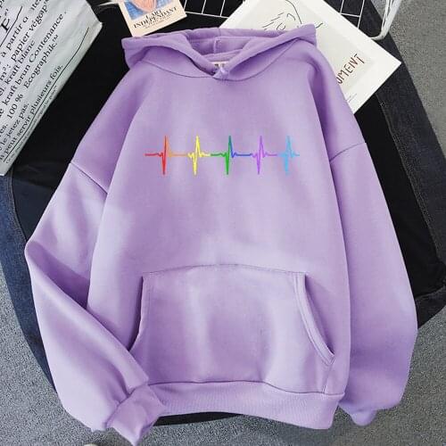 Love Heartbeat Hoodie Gay Lesbian Pride Flag Rainbow LGBT Harajuku Spring Tops Womens Hooded Purple Tops Oversized Pullovers