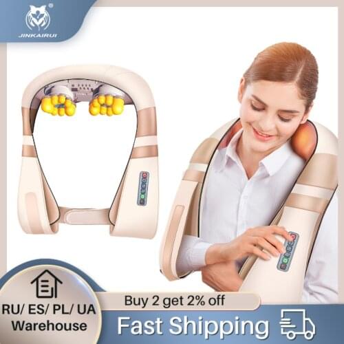 Jinkairui Velcro Band Easier Neck Massager 16 Massage Heads Heating Kneading Shiatsu Relieve Pain Best Gift New Year Christmas