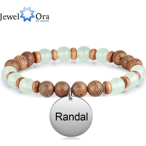 JewelOra Customized Stainless Steel Round Disc Bracelet Personalized Engraved Name Beaded Chain Bracelets for Men Father Gifts