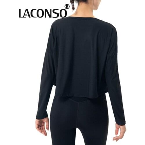 LACONSO 2021 New Womens Loose Sports Fitness Gym Top Shirts Long-Sleeved Blouse One-Piece Skirt Hip-Covering Tie Workout Female