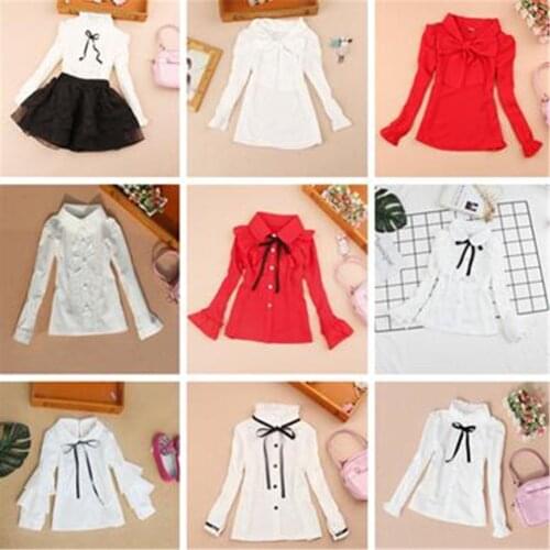 Teenage girls clothes Autumn Kids white red blouses Turn-down collar Full sleeve shirt Children cotton tops School girl blouse