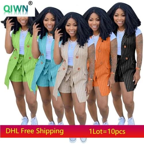 Summer Women Suit Vest+shorts Two Pice Sets Plus Size 3XL Striped Outfits Casual Waistcoat Short Pants 2pcs Sets Clothing 5047