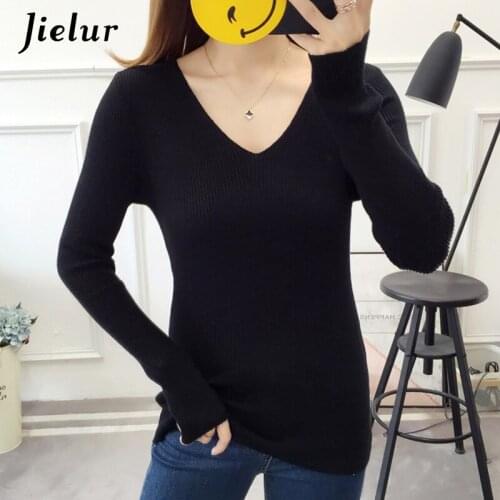 Jielur Autumn Basic Solid Color V-neck Knitwear Slim Soft Bottoming Top Female Black White Elastic Women Sweater Pullover Casual