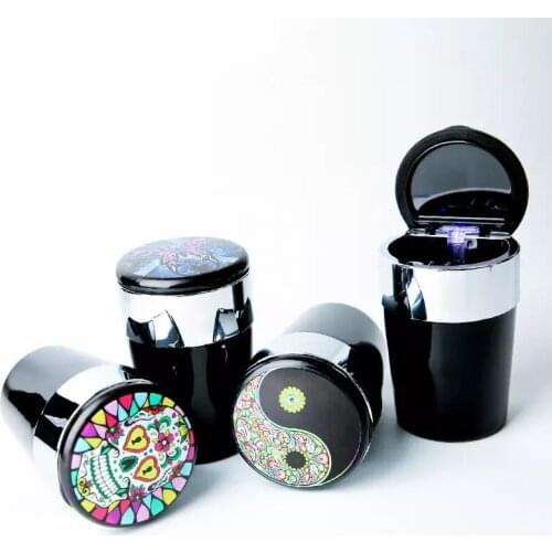 LED Light Car Ashtray Cigar Ash Tray Cigarette Holder Skull Rainbow Butterfly Printing Pattern Storage Cup Interior Accessories