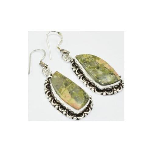 Unakite , 50 mm, Silver Overlay on Copper Earrings, E1577