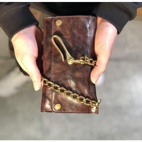 Top Quality Handmade Retro Natural Vegetable Tanned Cowhide Brass Chain Long Multi-function Wallet Card Holder