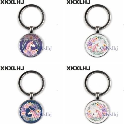 XKXLHJ Cute Unicorn Keychain Animal Pattern Glass Cabochon Key Chain Holder For Women Handmade Jewelry Party Favor Gifts For Kid