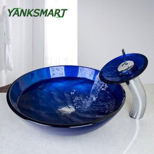 YANKSMART Blue Round Washbasin Lavatory Vessel Glass Bathroom Sink +Chrome Waterfall Faucet mixer tap w/Drain Set