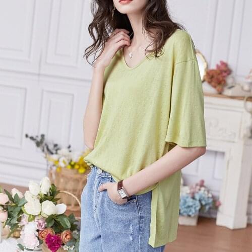 French Laid-Back Womens Summer 2021 T-Shirt Home Solid Mid-Sleeved Top
