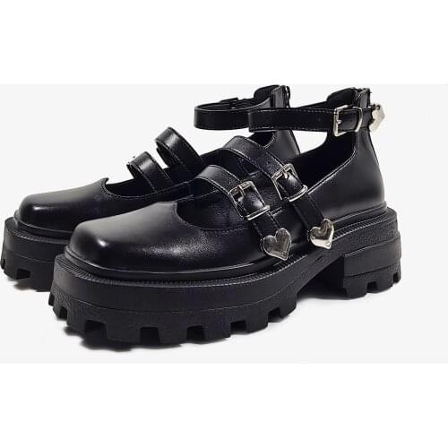 FONBERRY Heart Shaped Rivets Chunky Platform Mary Janes Shoes Women Belt Buckle Square Toe Patent Leather Heel Y2K Goth Shoes
