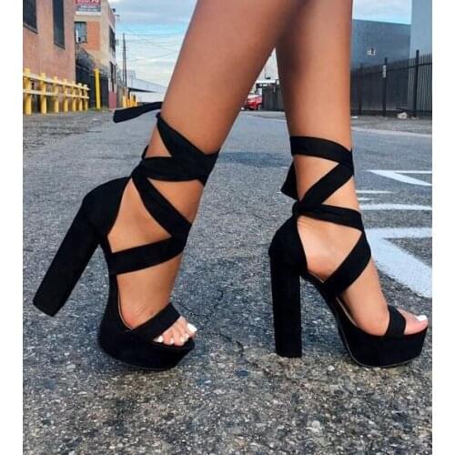 Moraima Snc Black Suede High Heel Sandal Summer Open Toe Lace-up Chunk Heels Woman Shoes Party Dress Heels Red