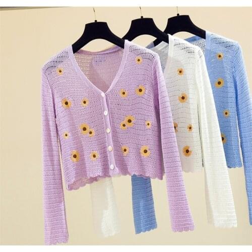 Women Knitted Casual Sweaters Cardigans Lady Embroideried Full Sleeve Thin Flowers Hollow Out Cardigan Crop Top Female