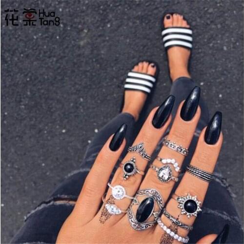 HuaTang Vintage Silver Color Rings Set for Women Black Rhinestone Crystal Carving Geometric Knuckle Rings Jewelry Anello 7012