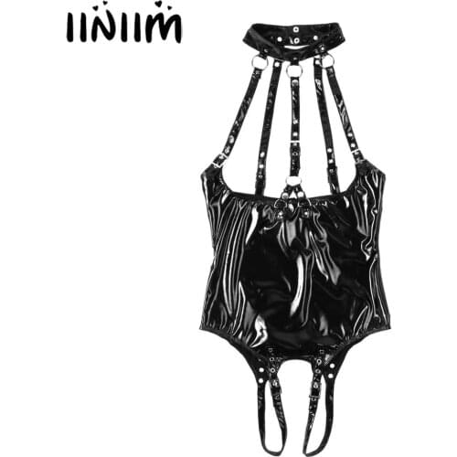 Womens Exotic Bodycon Bodysuit Crotchless Open Crotch Fetish Sissy Costumes Club Wetlook Leather Lingerie Bare Breast Catsuit