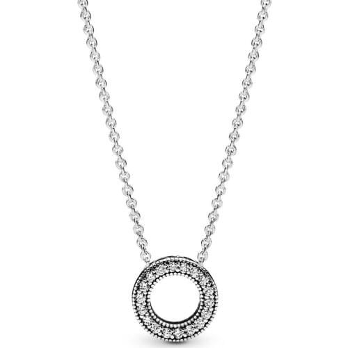 Authentic 925 Sterling Silver Logo Pavé Circle Collier Fashion Necklace Fit Pandora Women Bead Charm Gift DIY Jewelry