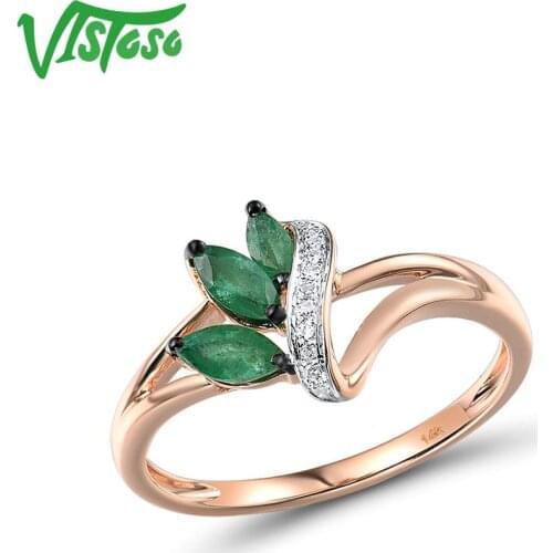VISTOSO Gold Rings For Women Genuine 14K 585 Rose Gold Ring Magic Emerald Sparkling Diamond Engagement Anniversary Fine Jewelry