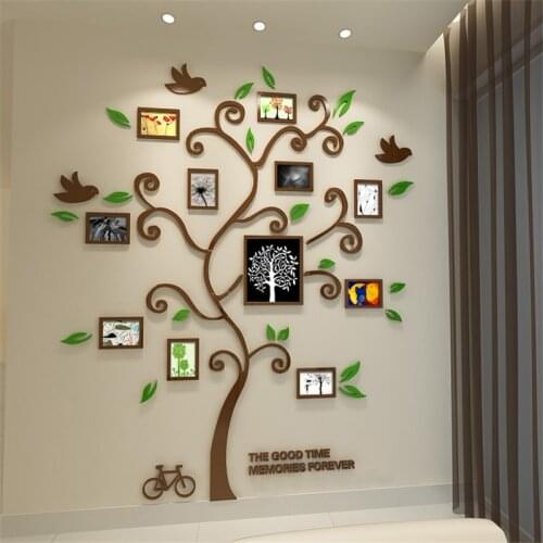 11Pcs Photo Frame Crystal Acrylic Happy Tree 3D Stereoscopic Mirror Wall stickers Living room Sofa TV Entrance Decal Home Decor