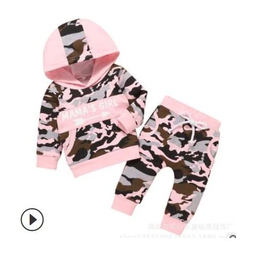 2021 Fashion Kids Camouflage Pants Set Long Sleeve Hooded Tops Lace Up High Waist Long Pants Kids Clothing Hooded neck