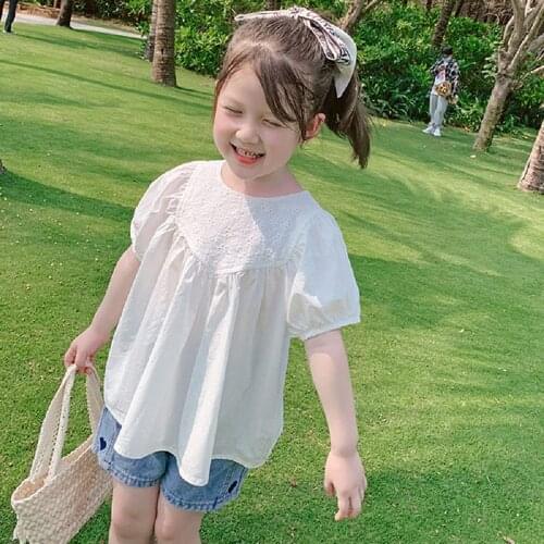 Girsl Shirt Kids Girls Summer Puff Sleeves Loose Holiday Long Blose T-Shirt Princess Casual Sweet Dresses