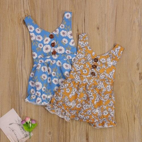 Baby Girl Floral Romper Jumpsuit Sleeveless Backless Button-Down Ruffled Romper Bodysuit Sunsuit