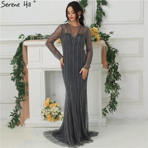 Dubai New Gold Fashion Mermaid Evening Dresses 2020 Long Sleeves Beading Sexy Luxury Evening Party Dress LA6629