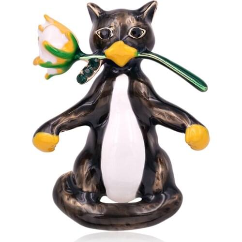 Enamel Sitting Cat Kneeling Rose Flower Brooches Pins for Lovers' Gift Fashion Jewelry Accessories