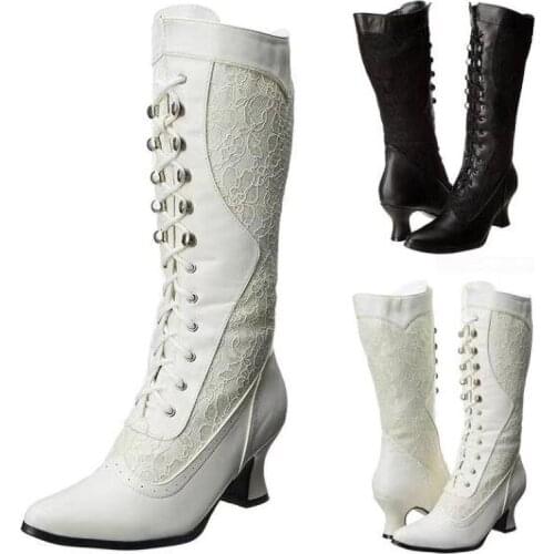 Classic Womens Lace High Heeled Boots Fashion Lace Pointed Toe Shoes woman Knee-High Long Boots Side Zipper White Booties