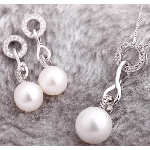 Fashion Crystal 925 Sterling Silver Natural Pearl Necklace Earrings Jewelry Sets for Women 2019 Obizuteria Zestaw Slubny Srebro