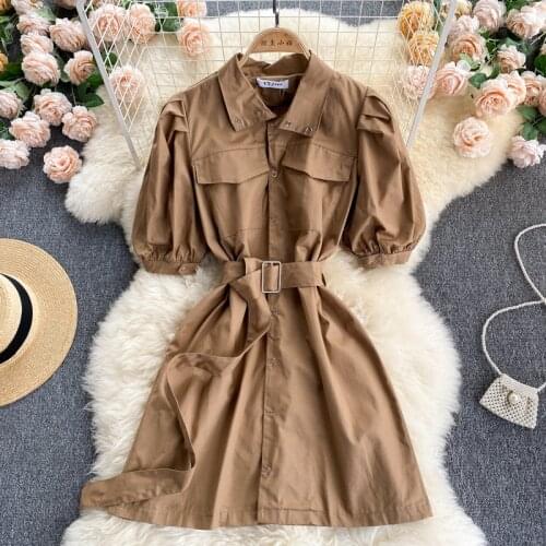 2021 New Summer Retro Workwear Big Pocket Slim Short Style Puff Sleeve Dress