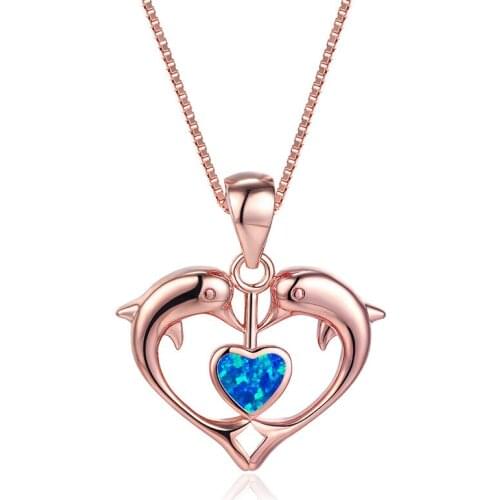Cute Two Dolphin Pendant Necklace White Blue Opal Love Heart Necklaces For Women Animal Jewelry Vintage Rose Gold Chain Necklace