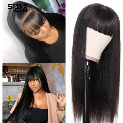Styleicon Brazilian Human Hair Wigs With Bangs Straight Wig With Bangs 28 Inches Remy Full Machine Made Wigs Natural Color
