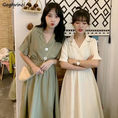 Dress Women Apricot Notched Basic Style Ulzzang Girlfriend Loose Fashion Leisure All-match A-line Fresh Maxi New-coming Hot Sale