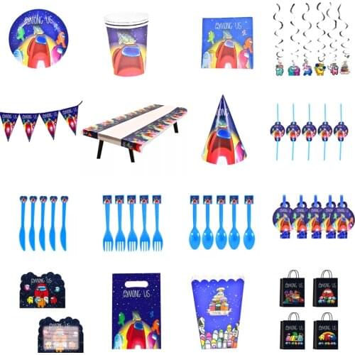 Hot Among Theme Party Supplies Kids Disposable Tableware Cup Plate Napkin Straw Among Birthday Party Decoration Ballons Stickers