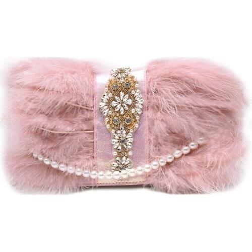Luxury Pearl Crystal Ostrich Fur Feather Wallet Day Clutch Bag Women Clutch Diamond Knuckle Rings Dinner Evening Bag Chain Purse