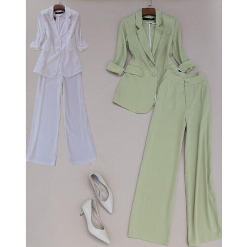 Spring Summer Women Professional Work Wera Thin Suit Blazer and Wide Leg Trousers Office Chic Clothing Set