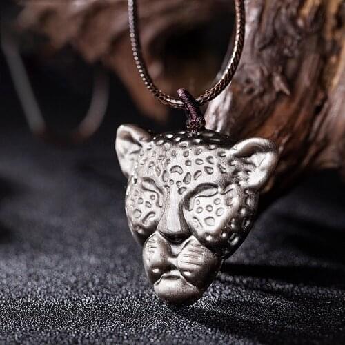 Sliver Obsidian Stone Leopard Head Pendant Necklace with Adjustable Cord Necklaces for Women