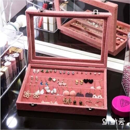 Mordoa L/M/S/Pink Velvet Glass Jewelry Display Box Jewelry Tray Holder Casket Storage Organizer 2019 Earrings Ring Box