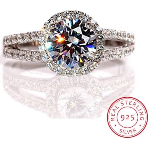 50% OFF! Luxury Female 2ct Zirconia Diamond Solitaire Ring With S925 Logo Original Silver Wedding Ring Promise Engagement Rings
