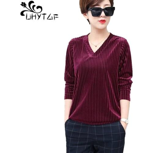 UHYTGF High-End Corduroy Autumn T-Shirt Women Fashion Striped Bottoming Tops Long-Sleeved Pullover Casual Female Clothes 5XL1539